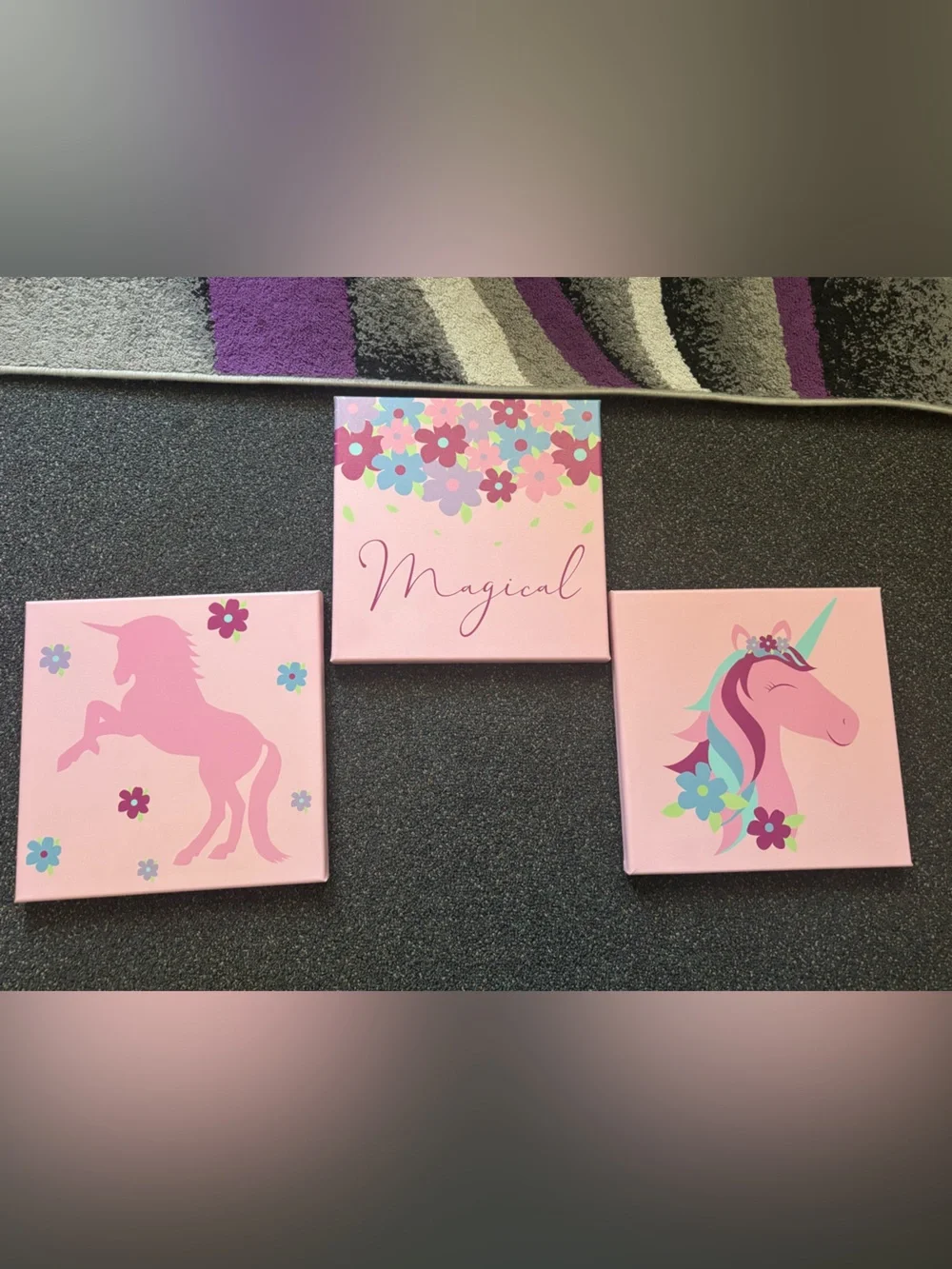Pink Unicorn Wall Art Trio - Magical Floral Canvases